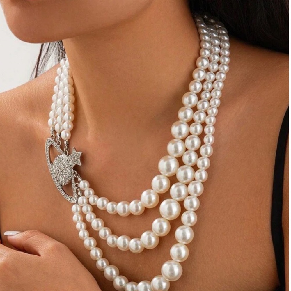 Pearl Multi-Strand Necklace with Crystal Orb Accent - White